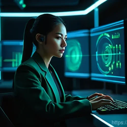 Home 22 사이버보안 커리어 로드맵 - A focused cybersecurity analyst, a woman in her late 20s or early 30s, with a determined expression,...