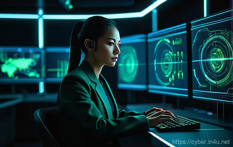 사이버보안 커리어 로드맵 - A focused cybersecurity analyst, a woman in her late 20s or early 30s, with a determined expression,...