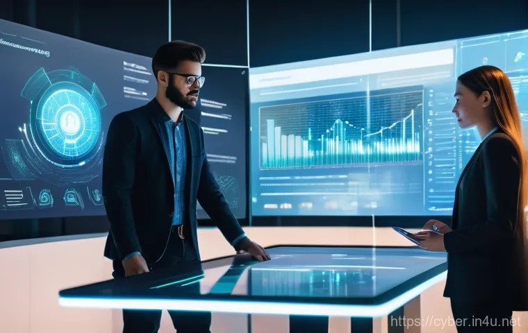 사이버보안 커리어 로드맵 - A focused cybersecurity analyst, a woman in her late 20s or early 30s, with a determined expression,...