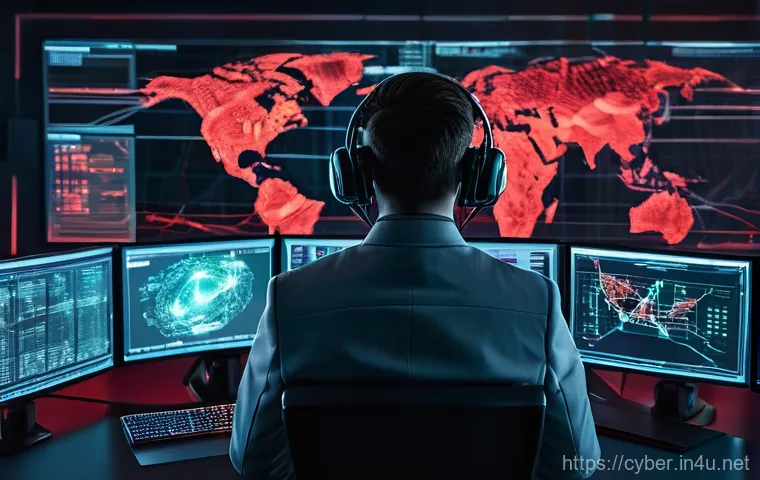 사이버보안 업계의 최신 뉴스와 사건 - **Prompt 1: The AI Cyber Warfare Frontline**
A futuristic, high-tech control room bathed in the ...